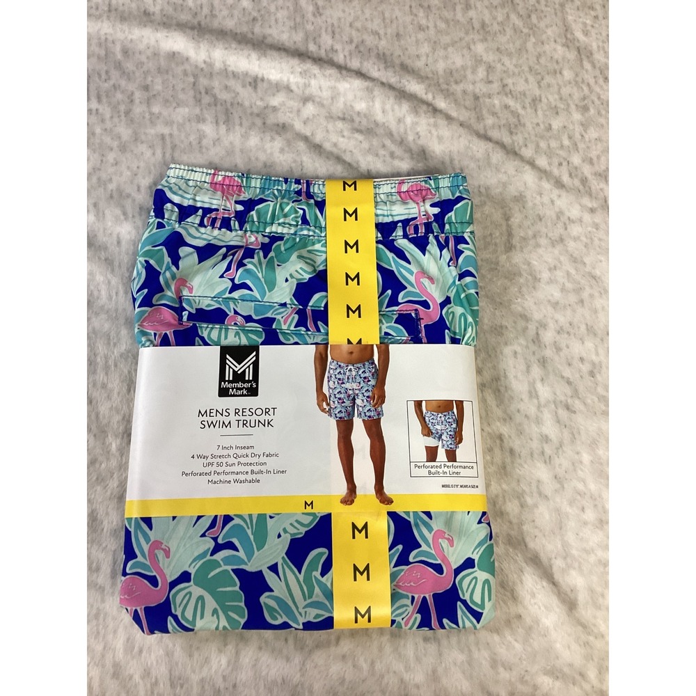 Member's Mark Mens Resort Swim Trunk Flamingo Tropical Blue Pink Medium 7 Inseam